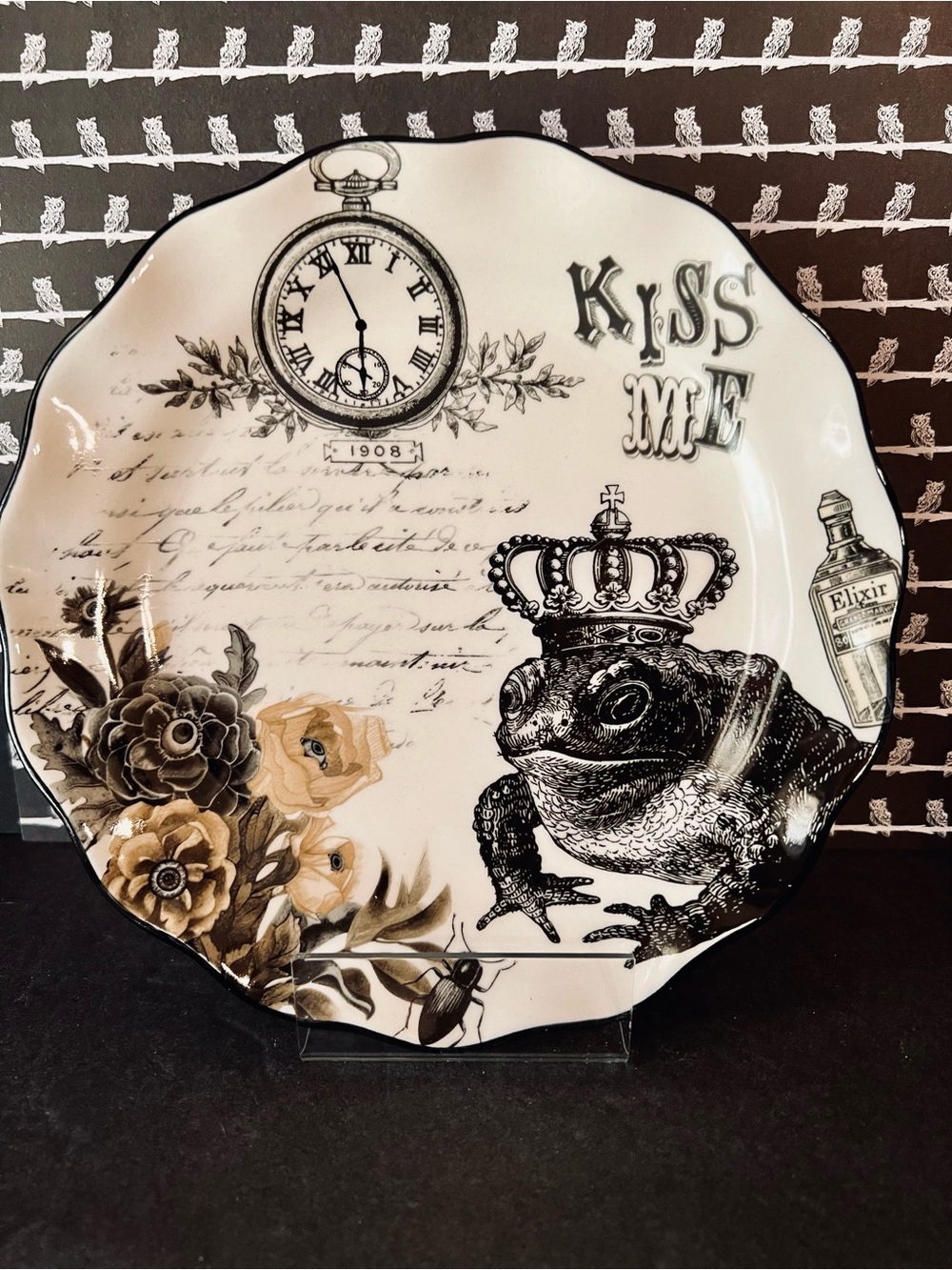 Halloween Gothic Salad Plate Kiss Me Frog Spooky Flowers Elixir Haunted Clock